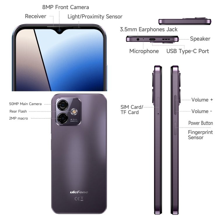 [HK Warehouse] Ulefone Note 16 Pro, 8GB+256GB, Dual Back Cameras, Face ID & Side Fingerprint Identification, 4400mAh Battery, 6.52 inch Android 13 Unisoc T606 Octa Core up to 1.6GHz, Network: 4G, Dual SIM, OTG (Purple) - Ulefone by Ulefone | Online Shopping UK | buy2fix