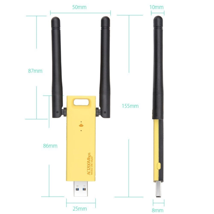 AC1200Mbps 2.4GHz & 5GHz Dual Band USB 3.0 WiFi Adapter External Network Card with 2 External Antenna(Yellow) - USB Network Adapter by buy2fix | Online Shopping UK | buy2fix