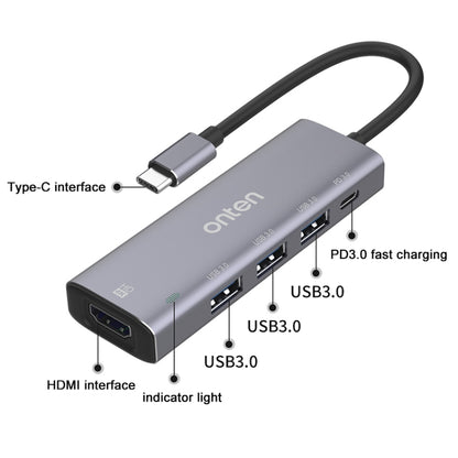 Onten OT-95123 5 in 1 Multifunctional Type-C + USB + HDMI Docking Station, Cable Length: 145mm(Silver) - Computer & Networking by Onten | Online Shopping UK | buy2fix