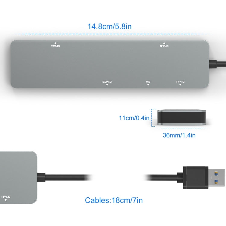 Rocketek CR308 USB3.0 Multi-function Card Reader CF / CFast / SD / MS / TF Card 5 in 1 (Silver Grey) -  by ROCKETEK | Online Shopping UK | buy2fix