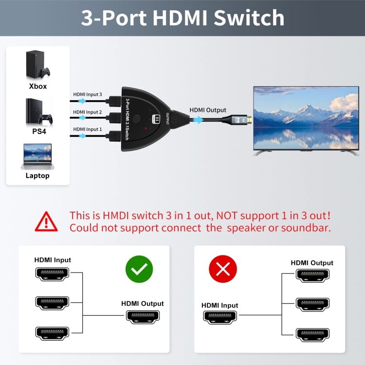 3 Port HDMI 8K Switcher Selector Box with Pigtail Cable (Black) - Switch by buy2fix | Online Shopping UK | buy2fix