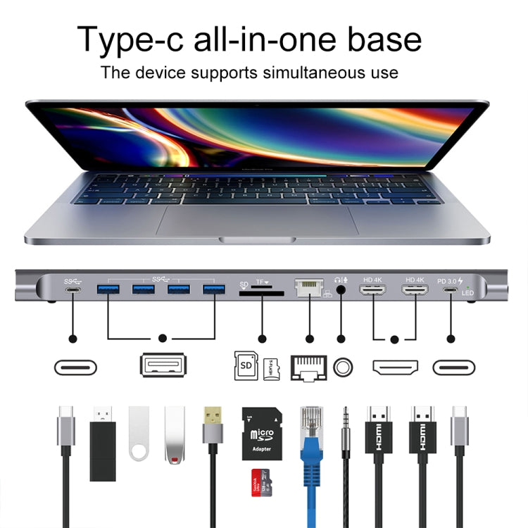 9199 12 in 1 USB-C / Type-C to USB-C / Type-C + TF / SD Card Slot + RJ45 + 3.5mm Audio + PD USB-C / Type-C Charging + 2 HDMI + 4 USB 3.0 Ports Multifunctional HUB Converter Docking Station - Computer & Networking by buy2fix | Online Shopping UK | buy2fix