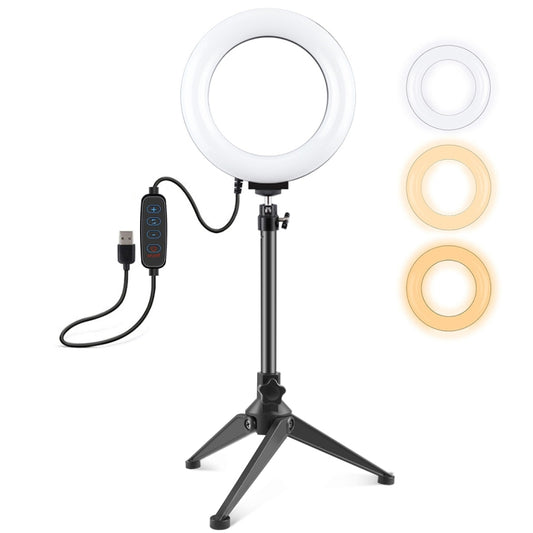 PULUZ 6.2 inch 16cm USB 3 Modes Dimmable LED Ring Vlogging Photography Video Lights + Desktop Tripod Holder with Cold Shoe Tripod Ball Head - Ring Light by PULUZ | Online Shopping UK | buy2fix