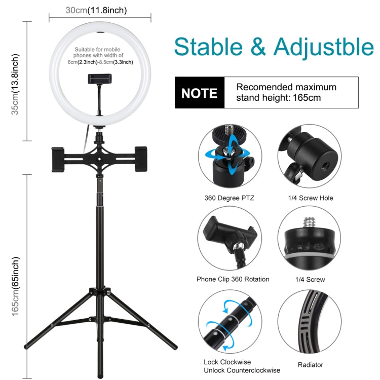 PULUZ 11.8 inch 30cm Light + 1.65m Tripod + Dual Phone Bracket Curved Surface USB 3 Modes Dimmable Dual Color Temperature LED Ring Vlogging Video Light  Live Broadcast Kits with Phone Clamp(Black) - Ring Light by PULUZ | Online Shopping UK | buy2fix