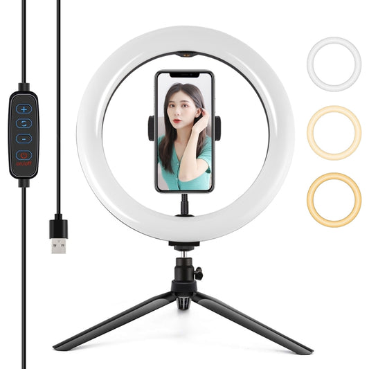 PULUZ 10.2 inch 26cm Selfie Beauty Light + Desktop Tripod Mount USB 3 Modes Dimmable LED Ring Vlogging Selfie Photography Video Lights with Cold Shoe Tripod Ball Head & Phone Clamp(Black) - Ring Light by PULUZ | Online Shopping UK | buy2fix