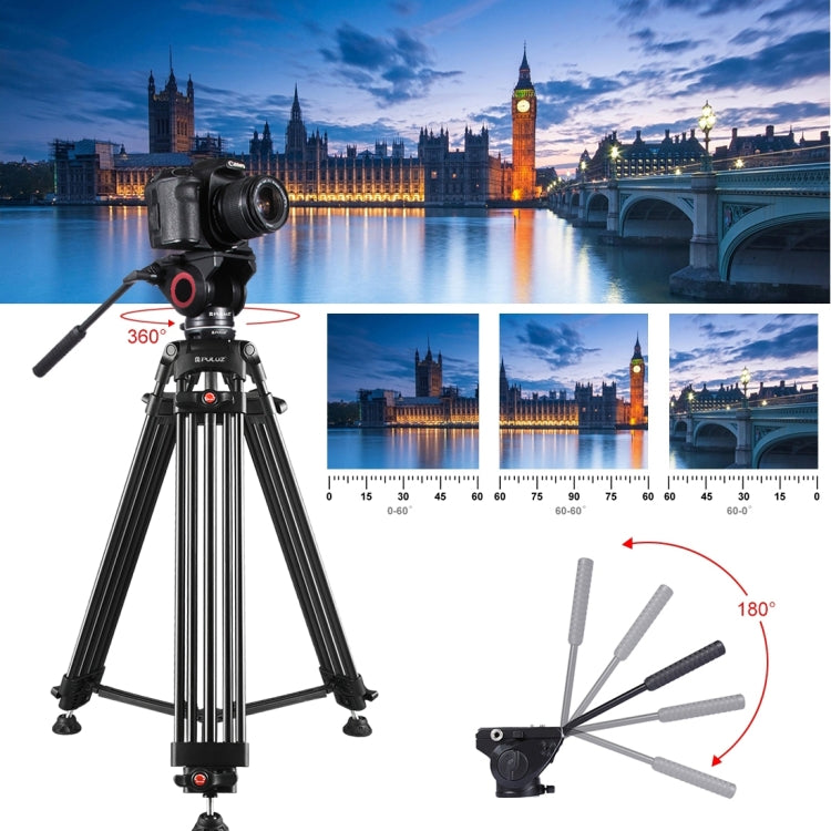 PULUZ 3 in 1 (Tripod + Bowl Adapter + Black Fluid Drag Head) Heavy Duty Video Camcorder Aluminum Alloy Tripod Mount Kit for DSLR / SLR Camera, Adjustable Height: 62-152cm - Camera Accessories by PULUZ | Online Shopping UK | buy2fix