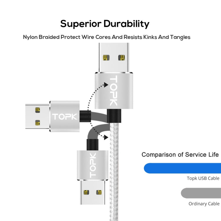 TOPK 2m 2.4A Max USB to Micro USB Nylon Braided Magnetic Charging Cable with LED Indicator(Silver) - Mobile Accessories by TOPK | Online Shopping UK | buy2fix