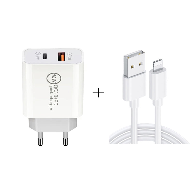 SDC-18W 18W PD 3.0 Type-C / USB-C + QC 3.0 USB Dual Fast Charging Universal Travel Charger with USB to 8 Pin Fast Charging Data Cable, EU Plug - Mobile Accessories by buy2fix | Online Shopping UK | buy2fix