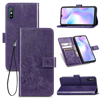 For Xiaomi Redmi 9A Four-leaf Clasp Embossed Buckle Horizontal Flip TPU + PU Leather Case with Lanyard & Card Slot & Wallet & Holder(Purple) - Xiaomi Cases by buy2fix | Online Shopping UK | buy2fix