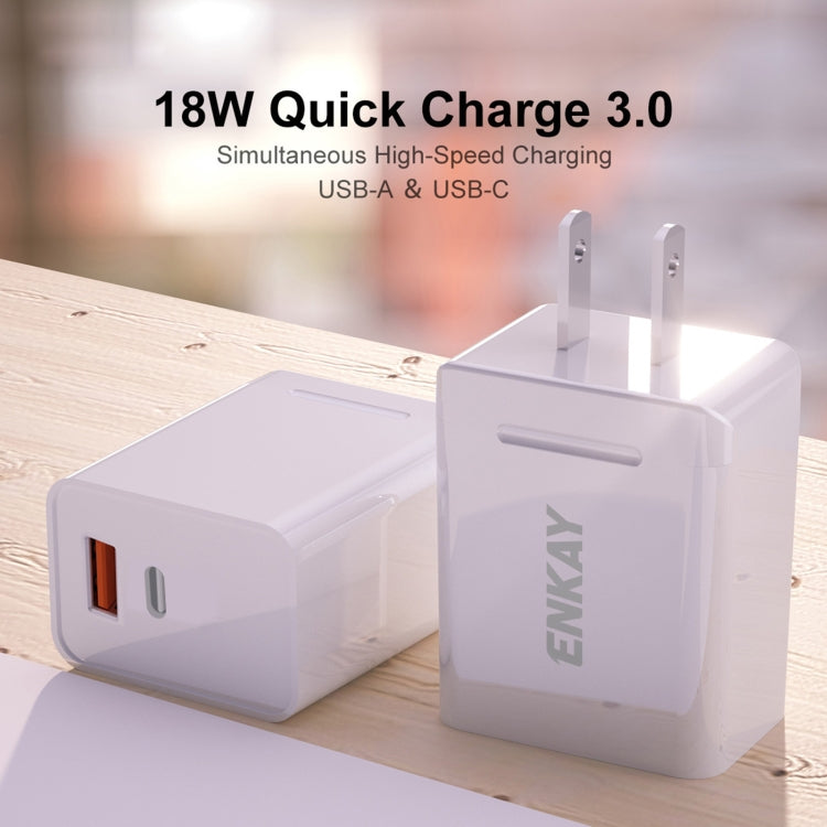 ENKAY Hat-Prince U033 18W 3A PD + QC3.0 Dual USB Fast Charging Power Adapter US Plug Portable Travel Charger With 1m 3A 8 Pin Cable - USB Charger by ENKAY | Online Shopping UK | buy2fix