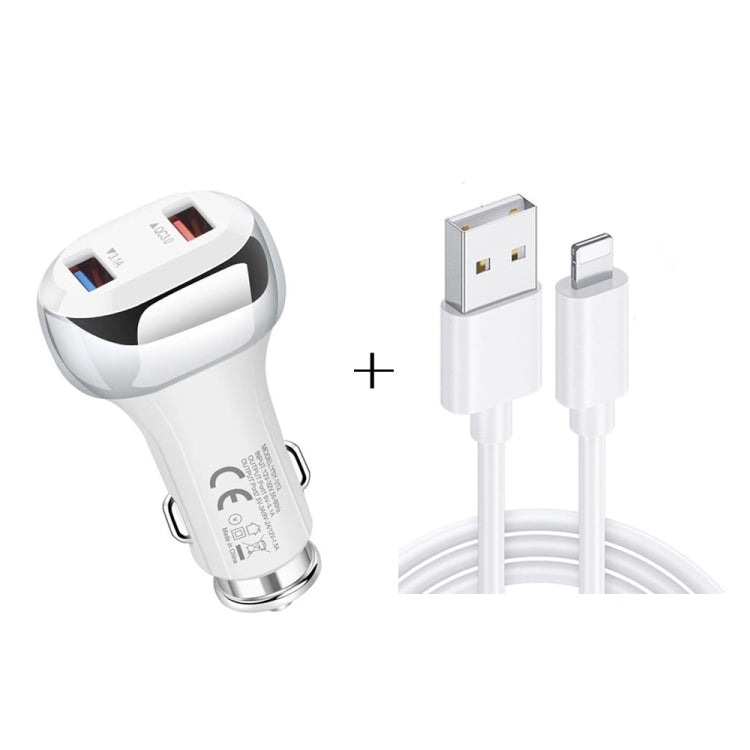 YSY-312 2 in 1 18W Portable QC3.0 Dual USB Car Charger + 1m 3A USB to 8 Pin Data Cable Set(White) - Car Charger by buy2fix | Online Shopping UK | buy2fix