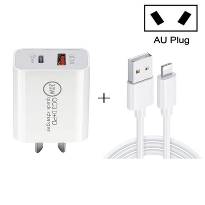 TCS-20WACA 20W PD Type-C + QC 3.0 USB Interface Fast Charging Travel Charger with USB to 8 Pin Fast Charge Data Cable AU Plug - Apple Accessories by buy2fix | Online Shopping UK | buy2fix