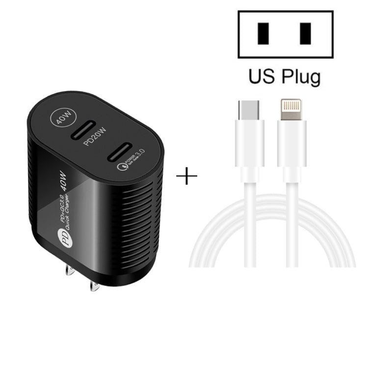 40W Dual Port PD / Type-C Fast Charger with Type-C to 8 Pin Data Cable, US Plug(Black) - USB Charger by buy2fix | Online Shopping UK | buy2fix