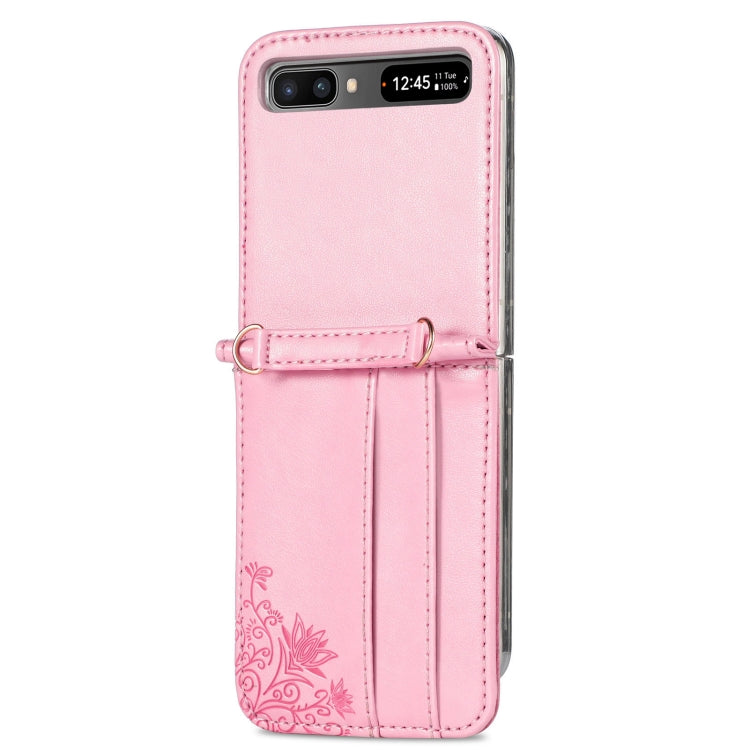 For Samsung Galaxy Z Flip 5G Diagonal Lanyard Embossed Card Phone Case(Pink) - Samsung Accessories by buy2fix | Online Shopping UK | buy2fix