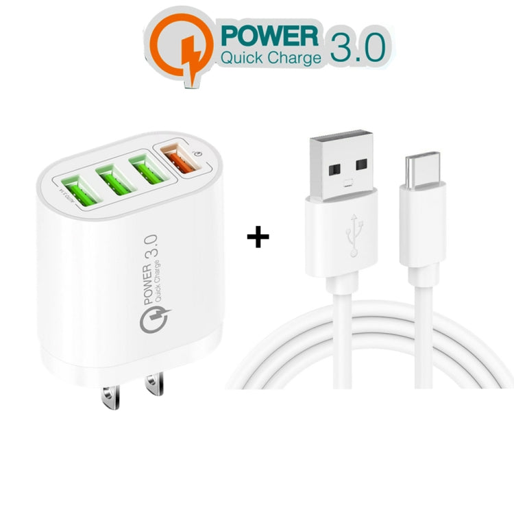 QC-04 QC3.0 + 3 x USB2.0 Multi-ports Charger with 3A USB to Type-C Data Cable, US Plug(White) - Mobile Accessories by buy2fix | Online Shopping UK | buy2fix