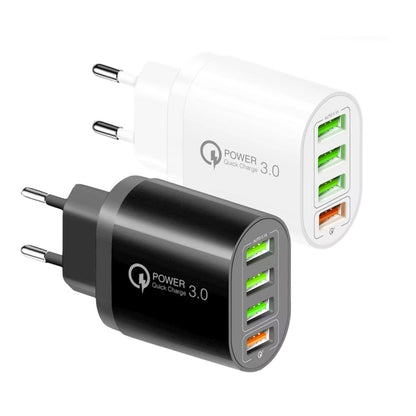 QC-04 QC3.0 + 3 x USB2.0 Multi-ports Charger with 3A USB to 8 Pin Data Cable, EU Plug(White) - USB Charger by buy2fix | Online Shopping UK | buy2fix