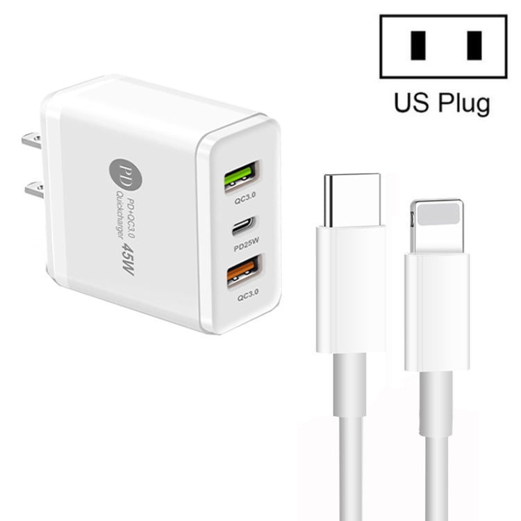 45W PD3.0 + 2 x QC3.0 USB Multi Port Charger with Type-C to 8 Pin Cable, US Plug(White) - Apple Accessories by buy2fix | Online Shopping UK | buy2fix