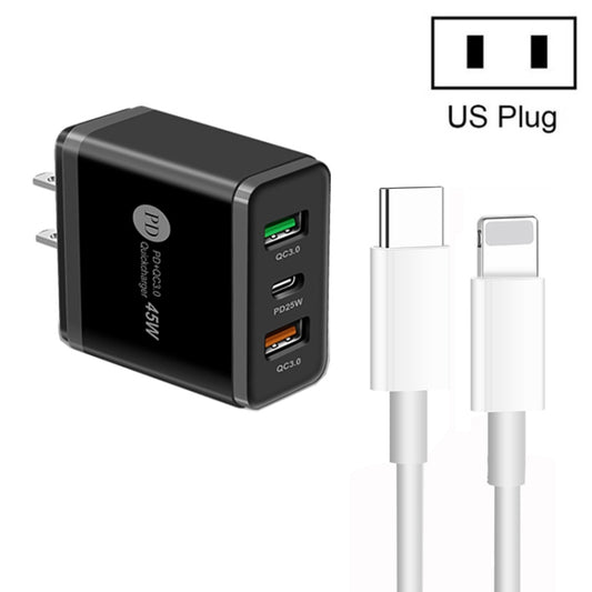 45W PD3.0 + 2 x QC3.0 USB Multi Port Charger with Type-C to 8 Pin Cable, US Plug(Black) - Apple Accessories by buy2fix | Online Shopping UK | buy2fix