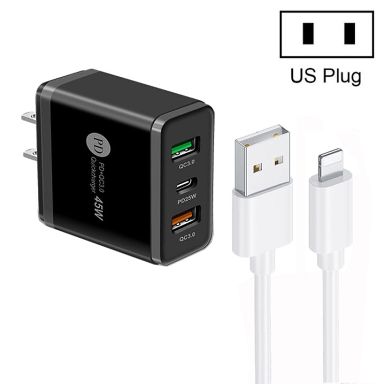 45W PD25W + 2 x QC3.0 USB Multi Port Charger with USB to 8 Pin Cable, US Plug(Black) - Apple Accessories by buy2fix | Online Shopping UK | buy2fix