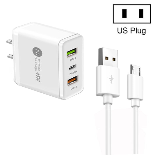 45W PD25W + 2 x QC3.0 USB Multi Port Charger with USB to Micro USB Cable, US Plug(White) - Mobile Accessories by buy2fix | Online Shopping UK | buy2fix