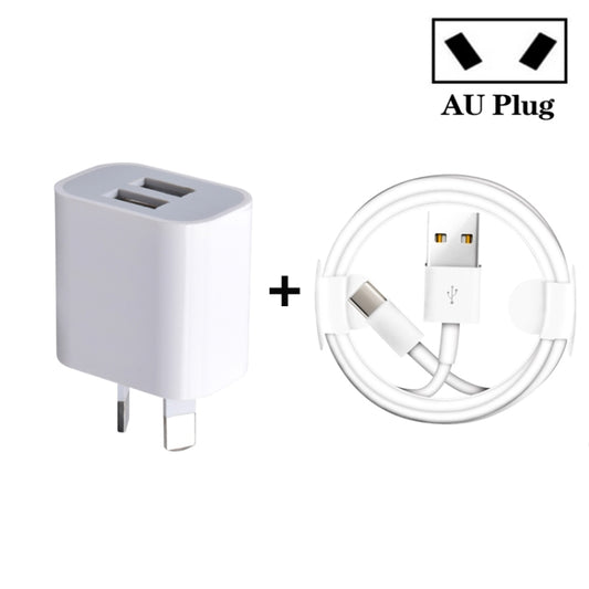 Mini Dual Port USB Charger with USB to Type-C Data Cable, AU Plug - Mobile Accessories by buy2fix | Online Shopping UK | buy2fix