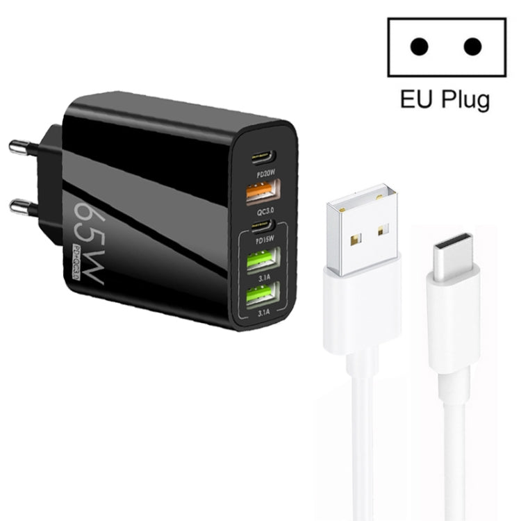 65W Dual PD Type-C + 3 x USB Multi Port Charger with 3A USB to Type-C Data Cable, EU Plug(Black) - Mobile Accessories by buy2fix | Online Shopping UK | buy2fix