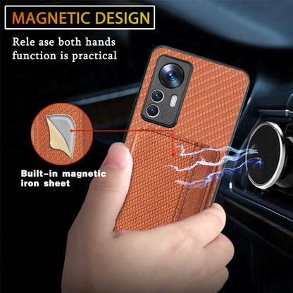 For Xiaomi 12T Carbon Fiber Magnetic Card Bag Phone Case(Khaki) - Xiaomi Cases by buy2fix | Online Shopping UK | buy2fix