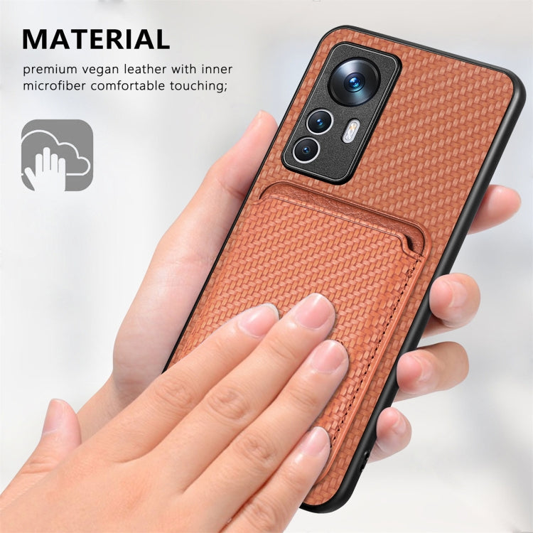 For Xiaomi 12T Carbon Fiber Leather Card Magsafe Phone Case(Brown) - Xiaomi Cases by buy2fix | Online Shopping UK | buy2fix