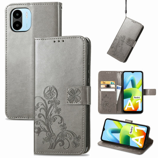 For Xiaomi Redmi A1 Four-leaf Clasp Embossed Buckle Leather Phone Case(Gray) - Xiaomi Cases by buy2fix | Online Shopping UK | buy2fix