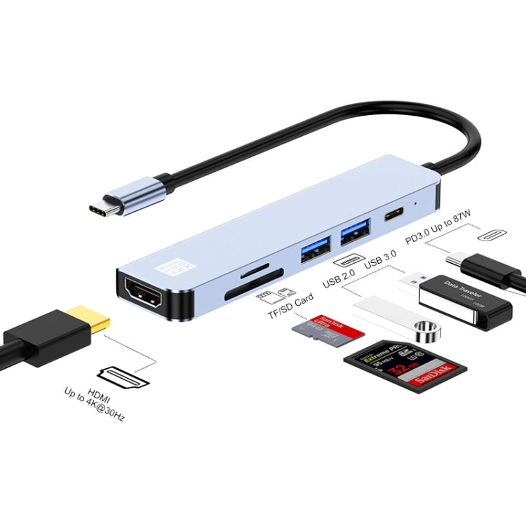 JUNSUNMAY 6 in 1 Type-C to 4K HDMI Docking Station Adapter USB-C PD Quick Charge Hub SD/TF Card Reader - USB HUB by JUNSUNMAY | Online Shopping UK | buy2fix