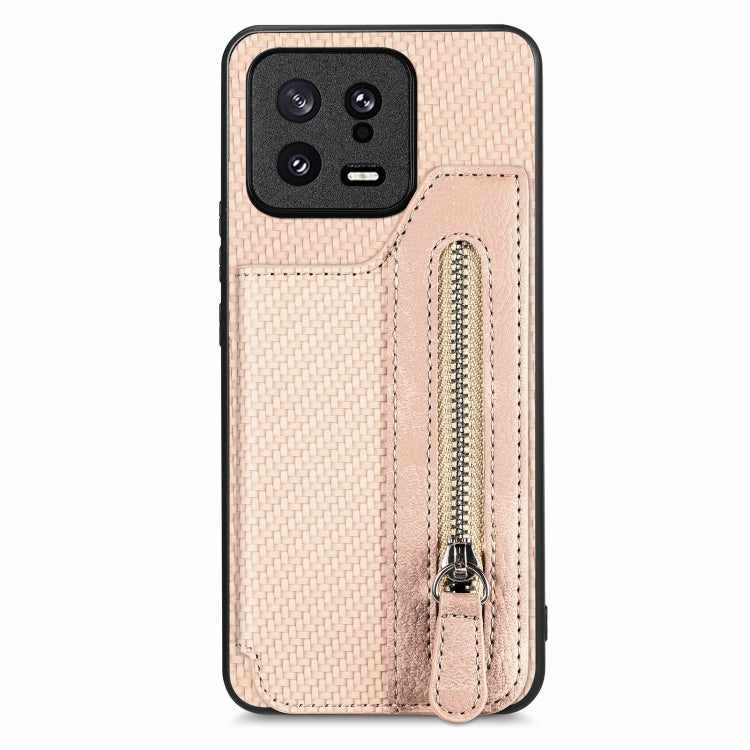 For Xiaomi 13 Carbon Fiber Flip Zipper Wallet Phone Case(Khaki) - 13 Cases by buy2fix | Online Shopping UK | buy2fix