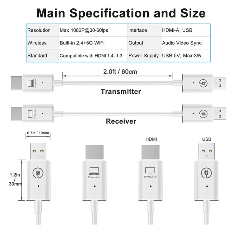 Wireless HDMI Transmitter and Receiver Kit, HDMI Wireless Extender Adapter, 1080P 60fps Video Audio Projecting for PC, Laptop, Camera to HDTV/Projector - Adapter by buy2fix | Online Shopping UK | buy2fix