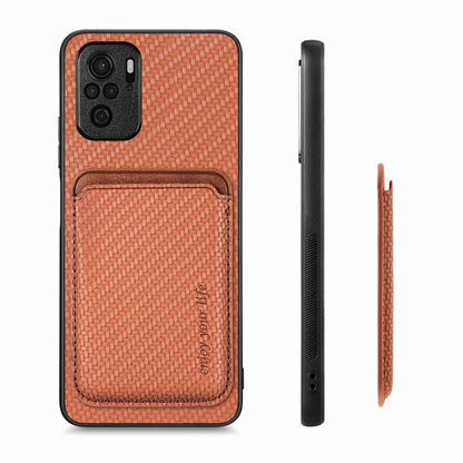 For Redmi Note 10 4G Carbon Fiber Leather Card Magsafe Phone Case(Brown) - Xiaomi Cases by buy2fix | Online Shopping UK | buy2fix