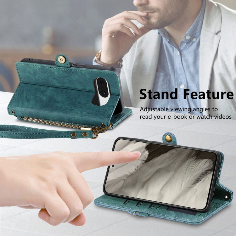 For Google Pixel 8 Geometric Zipper Wallet Side Buckle Leather Phone Case(Green) - Google Cases by buy2fix | Online Shopping UK | buy2fix