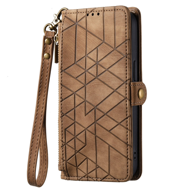For Google Pixel 7 Geometric Zipper Wallet Side Buckle Leather Phone Case(Brown) - Google Cases by buy2fix | Online Shopping UK | buy2fix