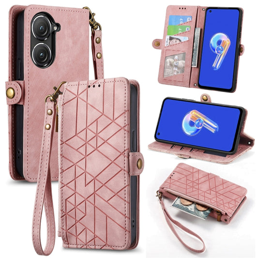 For ASUS Zenfone 9 Geometric Zipper Wallet Side Buckle Leather Phone Case(Pink) - ASUS Cases by buy2fix | Online Shopping UK | buy2fix