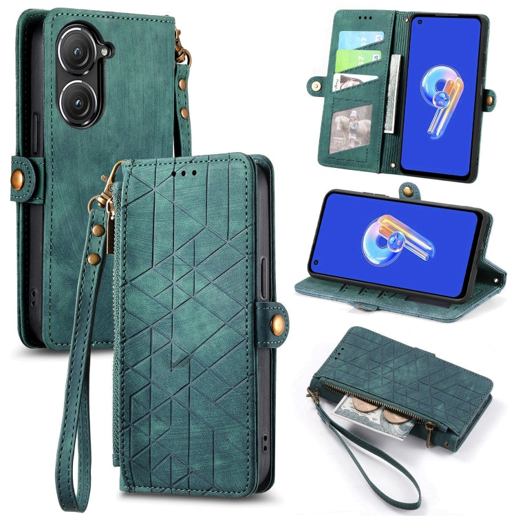 For ASUS Zenfone 9 Geometric Zipper Wallet Side Buckle Leather Phone Case(Green) - ASUS Cases by buy2fix | Online Shopping UK | buy2fix