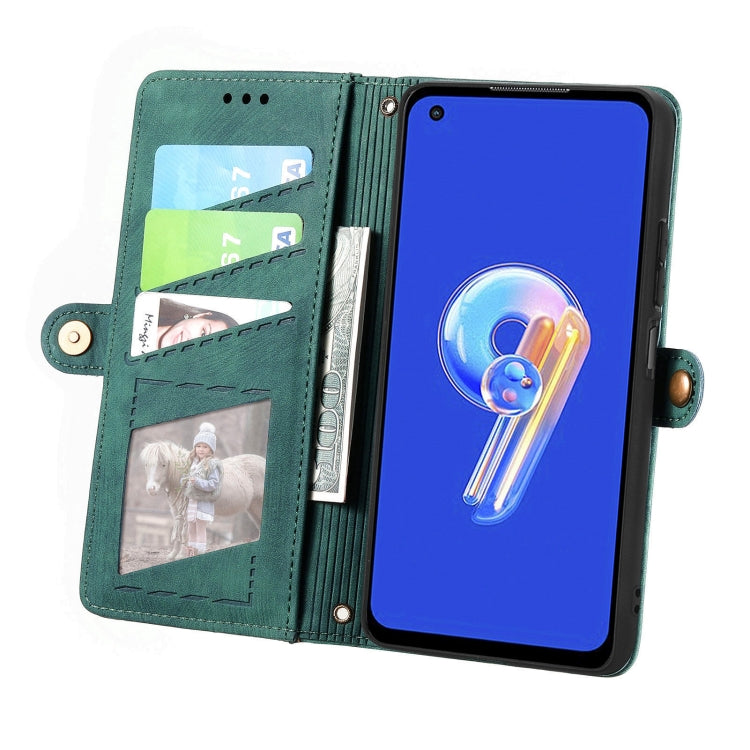 For ASUS Zenfone 9 Geometric Zipper Wallet Side Buckle Leather Phone Case(Green) - ASUS Cases by buy2fix | Online Shopping UK | buy2fix