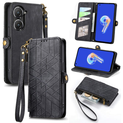 For ASUS Zenfone 9 Geometric Zipper Wallet Side Buckle Leather Phone Case(Black) - ASUS Cases by buy2fix | Online Shopping UK | buy2fix