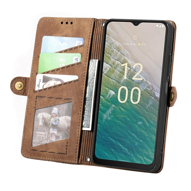 For Nokia C32 Geometric Zipper Wallet Side Buckle Leather Phone Case(Brown) - Nokia Cases by buy2fix | Online Shopping UK | buy2fix