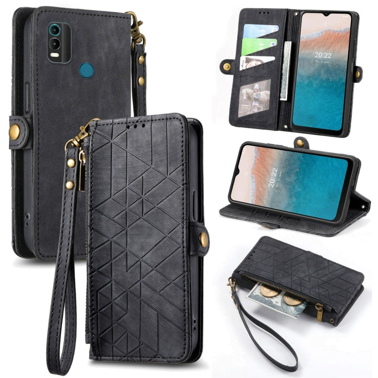 For Nokia C21 Plus Geometric Zipper Wallet Side Buckle Leather Phone Case(Black) - Nokia Cases by buy2fix | Online Shopping UK | buy2fix