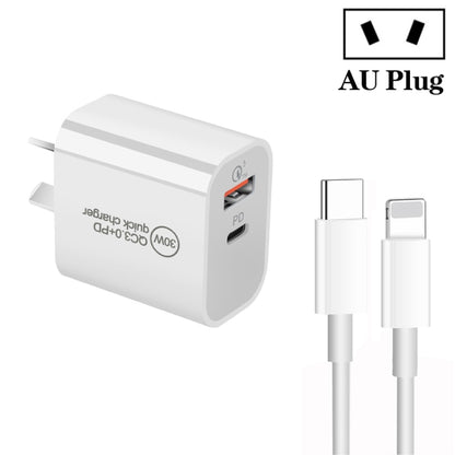 PD30W USB-C / Type-C + QC3.0 USB Dual Port Charger with 1m Type-C to 8 Pin Data Cable, AU Plug - USB Charger by buy2fix | Online Shopping UK | buy2fix