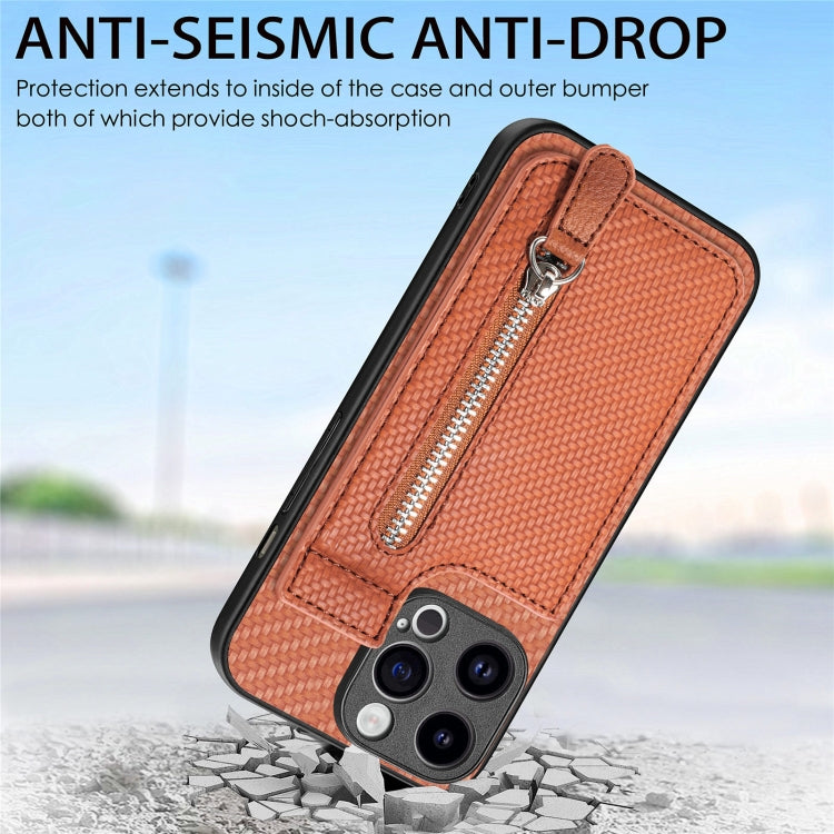 For iPhone 15 Pro Max Carbon Fiber Vertical Flip Zipper Phone Case(Brown) - iPhone 15 Pro Max Cases by buy2fix | Online Shopping UK | buy2fix