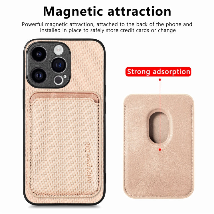 For iPhone 15 Pro Max Carbon Fiber Leather Card Magsafe Phone Case(Khaki) - iPhone 15 Pro Max Cases by buy2fix | Online Shopping UK | buy2fix