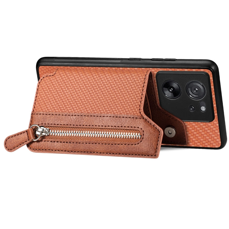 For Xiaomi 13T / 13T Pro Carbon Fiber Flip Zipper Wallet Phone Case(Brown) - Xiaomi Cases by buy2fix | Online Shopping UK | buy2fix