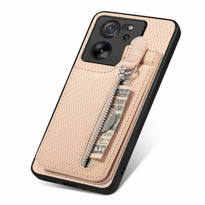 For Xiaomi 13T / 13T Pro Carbon Fiber Vertical Flip Zipper Phone Case(Apricot) - Xiaomi Cases by buy2fix | Online Shopping UK | buy2fix