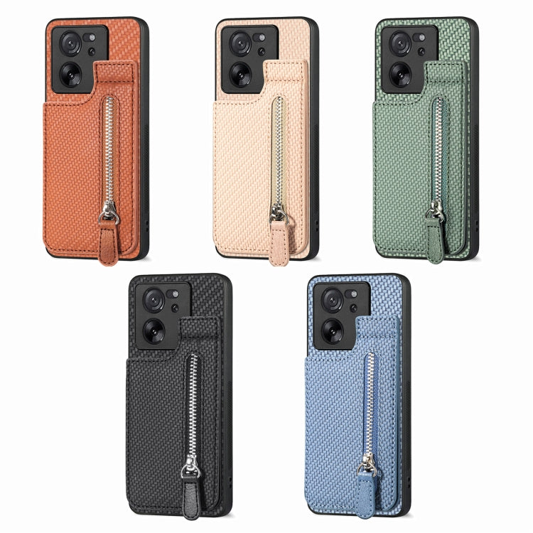 For Xiaomi 13T / 13T Pro Carbon Fiber Vertical Flip Zipper Phone Case(Brown) - Xiaomi Cases by buy2fix | Online Shopping UK | buy2fix