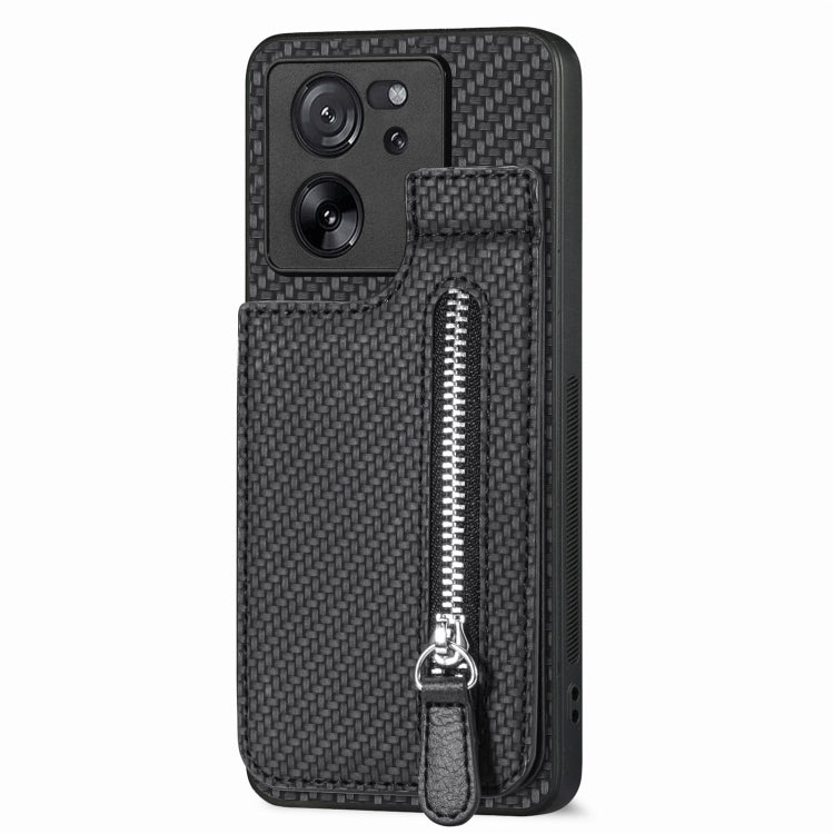 For Xiaomi 13T / 13T Pro Carbon Fiber Vertical Flip Zipper Phone Case(Black) - Xiaomi Cases by buy2fix | Online Shopping UK | buy2fix