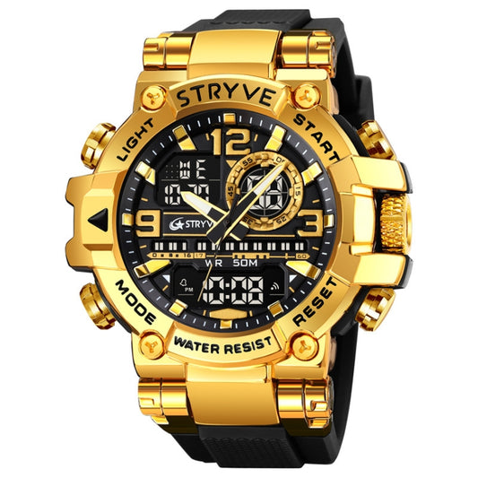 STRYVE S8025 Sports Night Light Electronic Waterproof Watch Multifunctional Student Watch(Black Gold) - Leather Strap Watches by STRYVE | Online Shopping UK | buy2fix