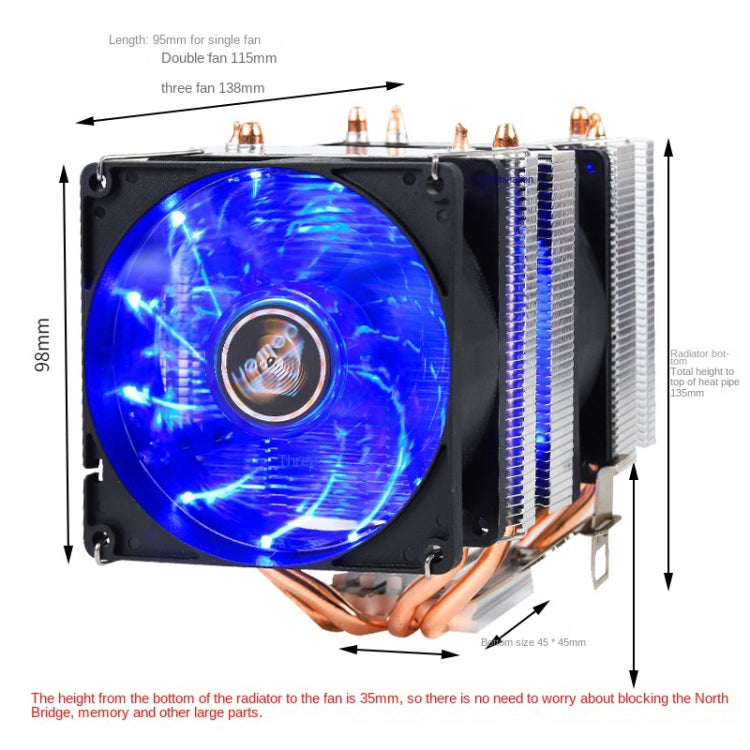 Desktop Computer 6 Copper Tube CPU Radiator Super Quiet Without Light 3-pin Double Fan - Fan Cooling by buy2fix | Online Shopping UK | buy2fix